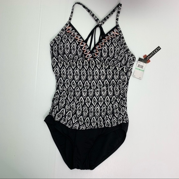 Jantzen Swimsuit Size 8 NWT One Piece Geometric Black White Lined Tummy Control - Picture 1 of 11
